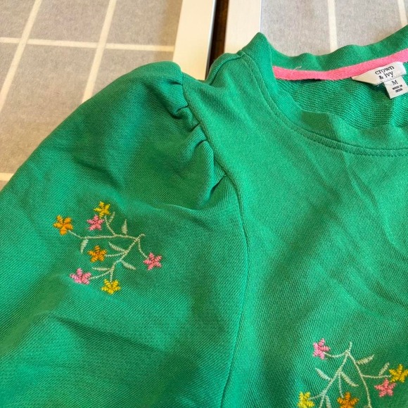 Green floral embroidered cotton sweater Sz M Prairie, boho, bohemian, cottage - Picture 5 of 8